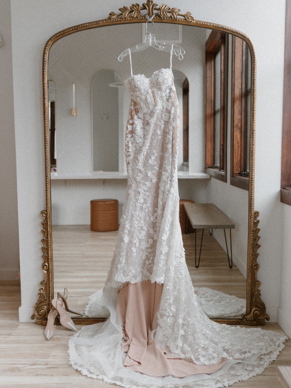 Romantic Strapless Lace Wedding Gown in Ivory and Blush